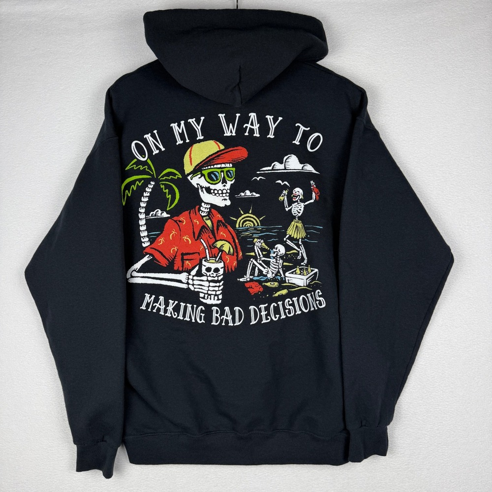 Salty Bones Pismo Beach Jerzees Hoodie Mens Large Skull Palm Tree Sweatshirt